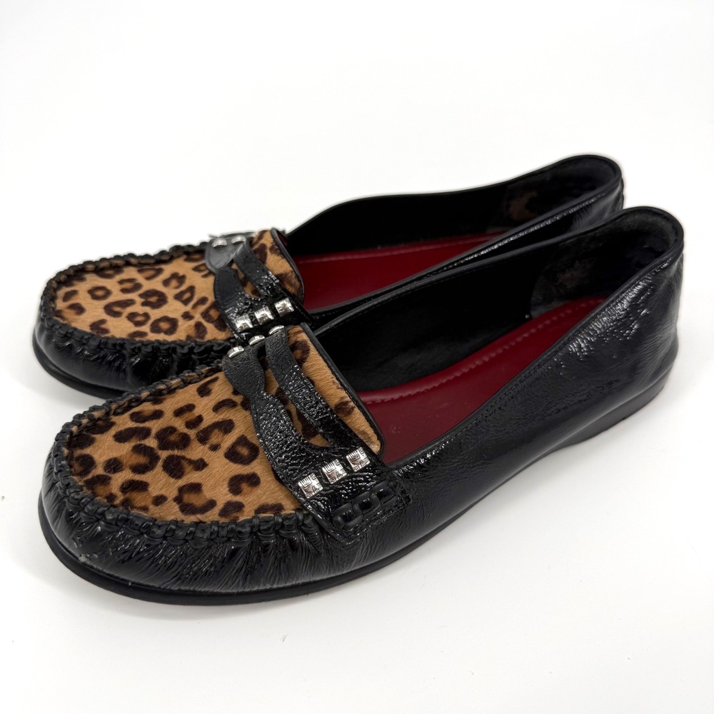 Brighton Women 9.5 Mohawk Loafers Leopard Print Calf Hair Studded Patent Leather